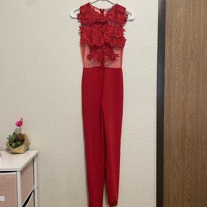 Red Floral Mesh Zip-Up Jumpsuit